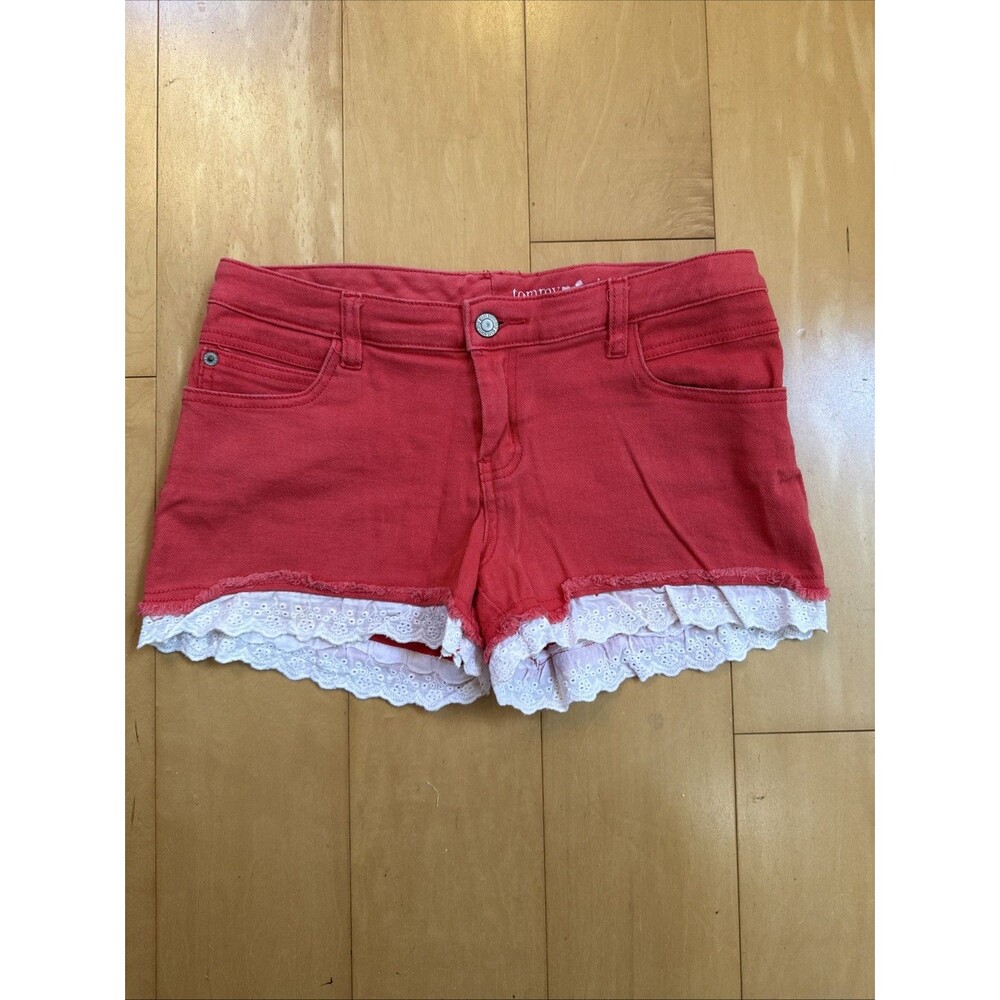 LACE DETAIL Tommy Girl Size 9 Red Denim Shorts Low Rise